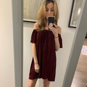 ASOS off the shoulder maroon cotton dress